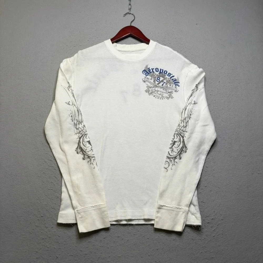 Aeropostale Thermal Shirt Mens L White Waffle Knit Graphic Y2K Rare Wing Print